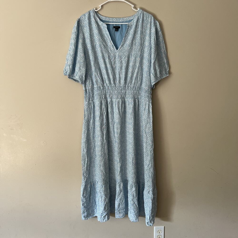 Ann Taylor Maxi Dress Blue White Puff Sleeves Prairie Boho Cottage Size XL